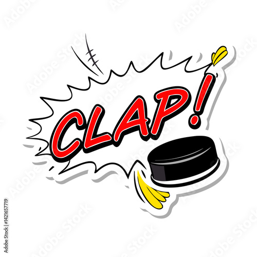 Hockey puck hitting surface with comic “clap” text and motion lines