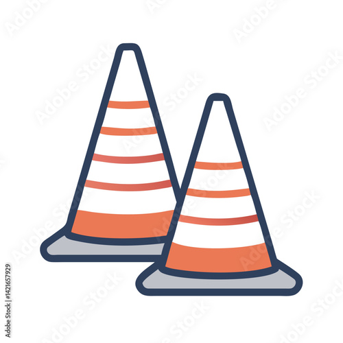Orange striped traffic cones icon in outline vector style