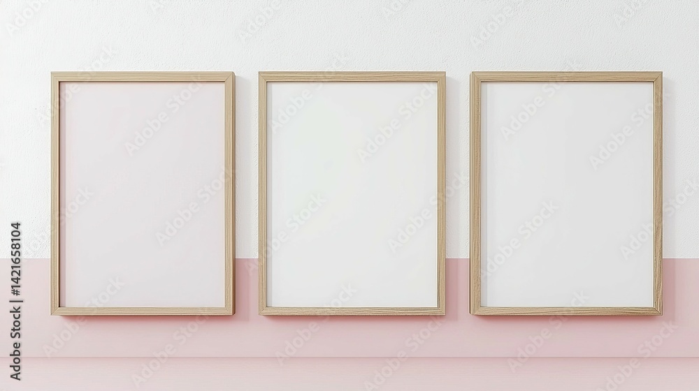 Fototapeta premium Realistic 3D Render of Two Wooden Picture Frames Hanging on a Pink and White Wall - Frame Mockup
