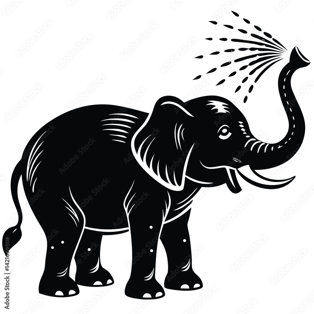 Fototapeta premium Black and White Elephant Illustration: Cute Cartoon Elephant Spraying Water with Trunk, Animal Clipart, Vector Graphic, Wildlife Art