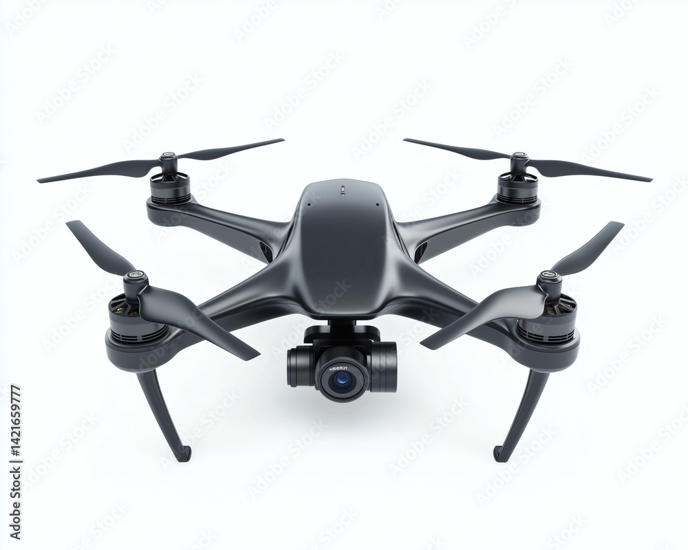 Sleek black drone with a camera, isolated against a clean white background, showcasing its modern design and aerial photography capabilities for various applications Sleek black drone with a camera, isolated against a clean white background, showcasing its modern design and aerial photography capabilities for various applications
