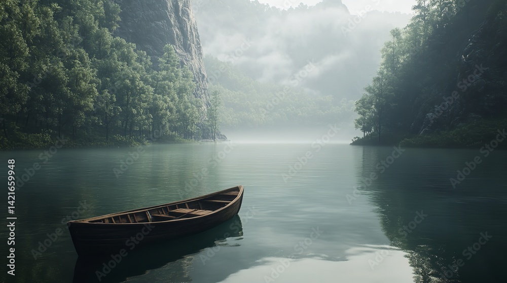 Fototapeta premium Serene Wooden Rowboat on Misty Mountain Lake Tranquil Nature Scene Peaceful Solitude Calm Water Scenic View Picturesque Landscape Breathtaking Scenery