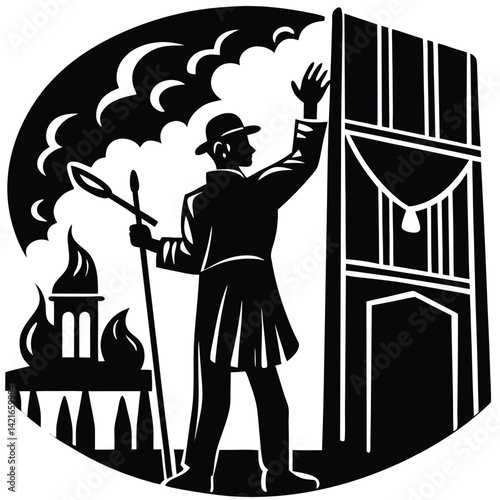 French Revolution Guillotine Illustration: Black & White Vector Image of Execution, Burning Building, & Revolutionary Figure