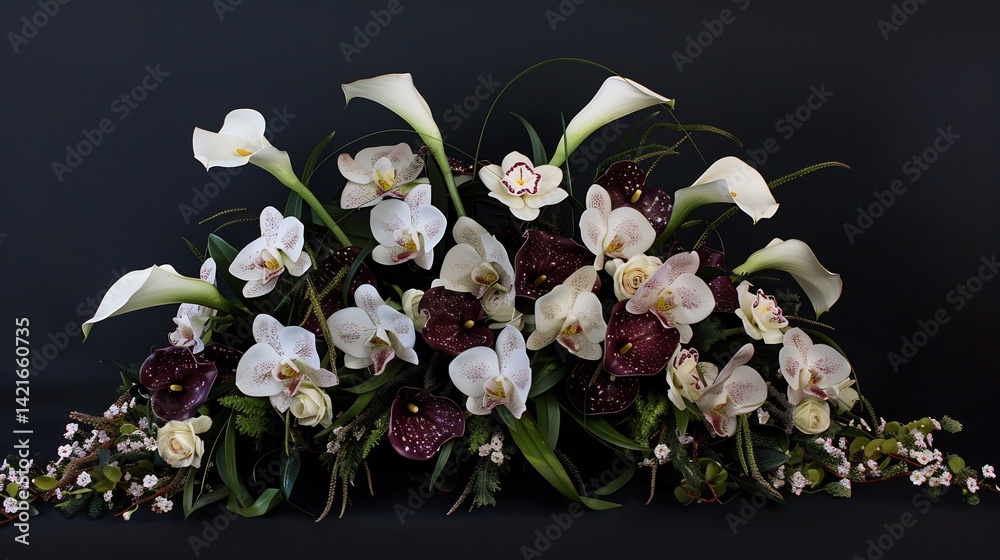 Obraz premium A luxurious floral arrangement with orchids and calla lilies isolated for a studio like effect