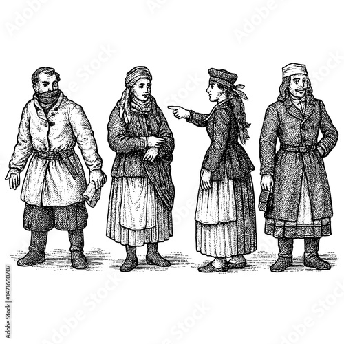 Traditional costumes showcase cultural expressions in a lively discussion set in a historical village