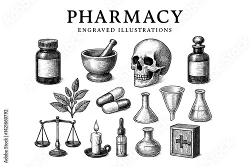Artful display of vintage pharmacy illustrations featuring medical tools and symbols from a bygone era