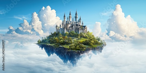A magical floating castle surrounded by fluffy clouds and vibrant greenery.