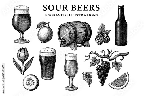 A detailed exploration of sour beers through intricate engravings showcasing diverse flavors and ingredients with artistic flair