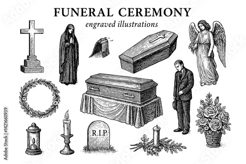 Elegant engravings depicting a respectful funeral ceremony with symbols of mourning and remembrance