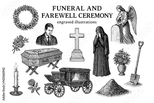 Intricate engravings highlighting funeral and farewell rituals with symbols of loss and remembrance in a somber yet respectful arrangement