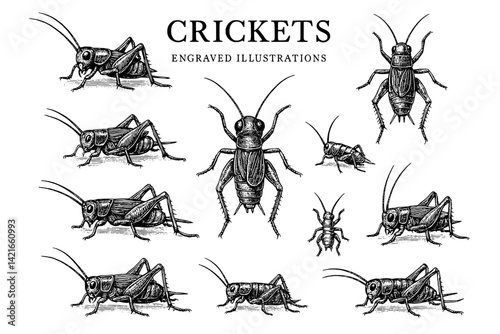 Detailed engravings of crickets showcase the intricate beauty and diversity of these fascinating insects found in nature