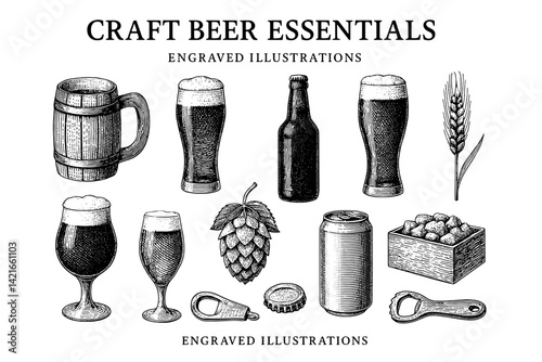 Elevating craft beer culture with engraved illustrations of essential elements from brewery to glass