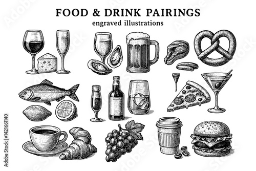 Creative food and drink pairings illustrated with unique engravings showcasing delicious combinations across various cuisines