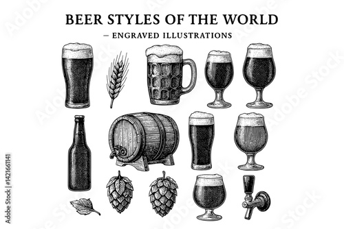 Exploring diverse beer styles through elegant engravings showcasing unique craft and flavors across cultures