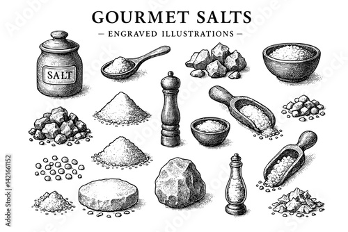 Engraved illustrations showcasing a variety of gourmet salts in elegant presentation with unique textures and forms