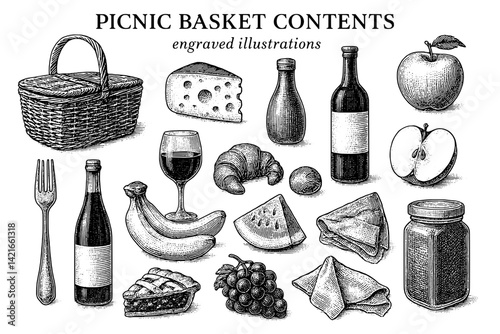 Delightful picnic basket with an assortment of food and beverages ready for an outdoor feast in the sunny afternoon