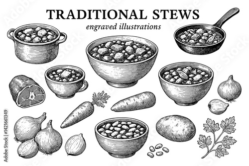 Exploring the art of traditional stews with engraved illustrations of classic ingredients and cooking methods from diverse cultures