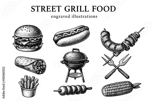 Delightful street grill food illustrations showcasing mouth-watering burgers, hot dogs, and more on a vintage style canvas