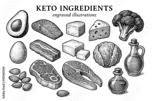 Engraved illustrations of keto ingredients showcasing nutritious foods perfect for a low-carb lifestyle