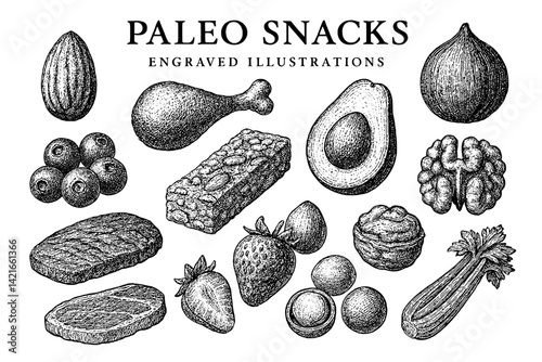 Engraved illustration of paleo snacks featuring a variety of healthy food options in a rustic design
