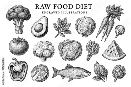 Engraved illustrations showcase variety of fresh vegetables and fruits highlighting the beauty of raw food diet concepts