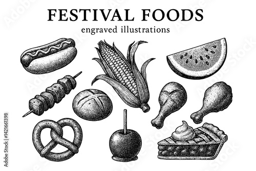 Delightful festival foods captured in intricate engravings showcasing a variety of flavors and textures