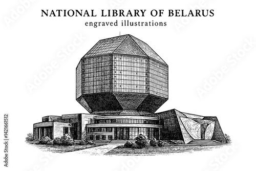 Detailed engraving of a unique architectural marvel showcasing the National Library of Belarus during a bright afternoon