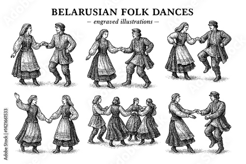 Belarusian folk dances showcase vibrant culture and traditions through engaging movements and traditional attire in historical illustrations