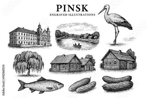 Exploring Pinsk's rich history and natural beauty through intricate engravings of architecture, wildlife, and local culture