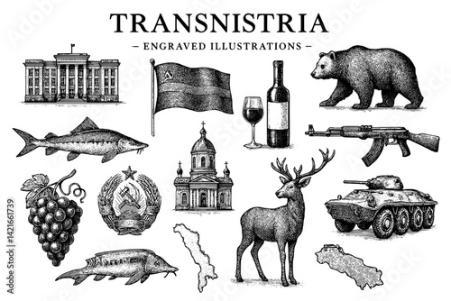 Engravings celebrating the rich history and culture of Transnistria with iconic imagery of its symbols and landmarks