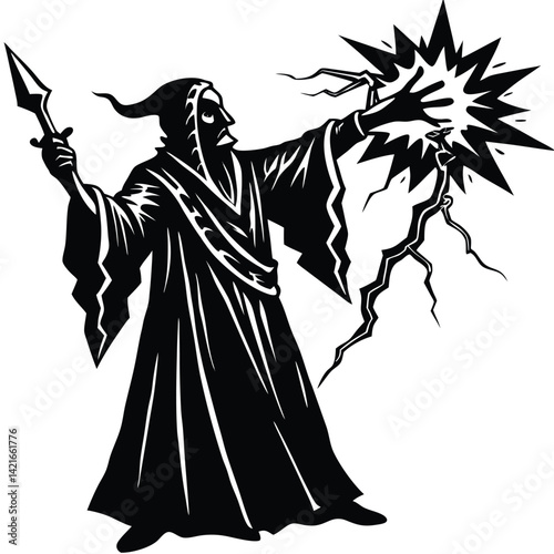 Wizard Casting Spell Illustration: Black and White Fantasy Art of a Sorcerer with Lightning Magic and Staff, Vector Graphic Image