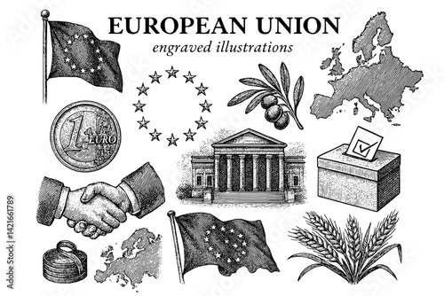 Engraved illustrations depicting the essence of the European Union and its foundational symbols from finance to democracy