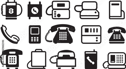A set of simple, black silhouette icons representing various communication devices, including telephones, rotary phones, keypads, and other office equipment.