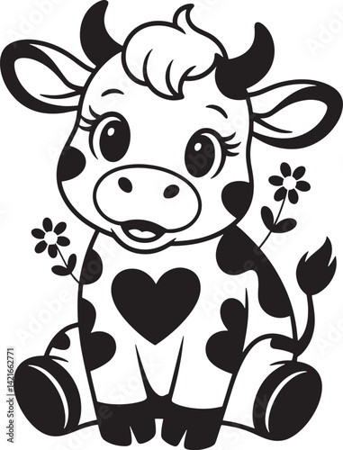 A cute cartoon farm animal, a white cow, happily shares its milk with a pink heart