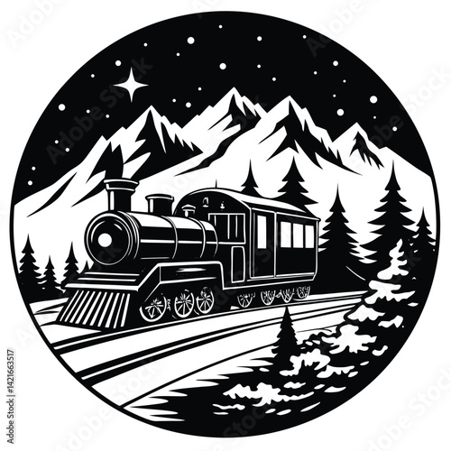 Vintage Train in Mountain Landscape: Black and White Vector Illustration of Steam Engine at Night with Stars and Pine Trees