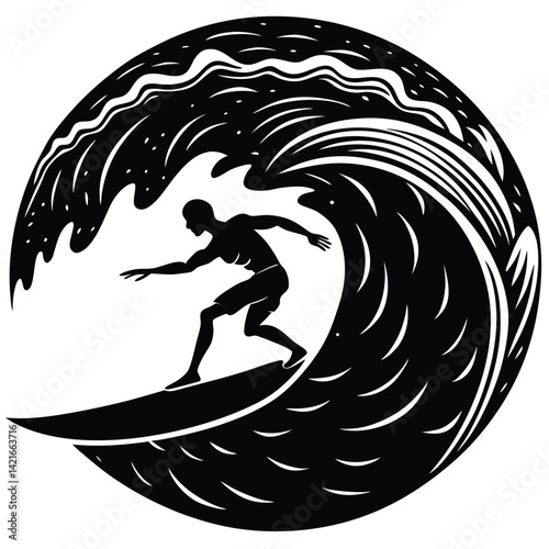 Surfer Riding Wave Black and White Vector Illustration, Surfing Silhouette Art, Ocean Wave Design, Water Sports Graphic, Surfing Lifestyle