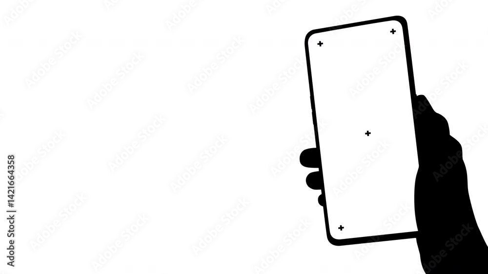 Silhouette of hand holding smartphone on white background. Black and white for composite and presentation. Alpha matte isolated.