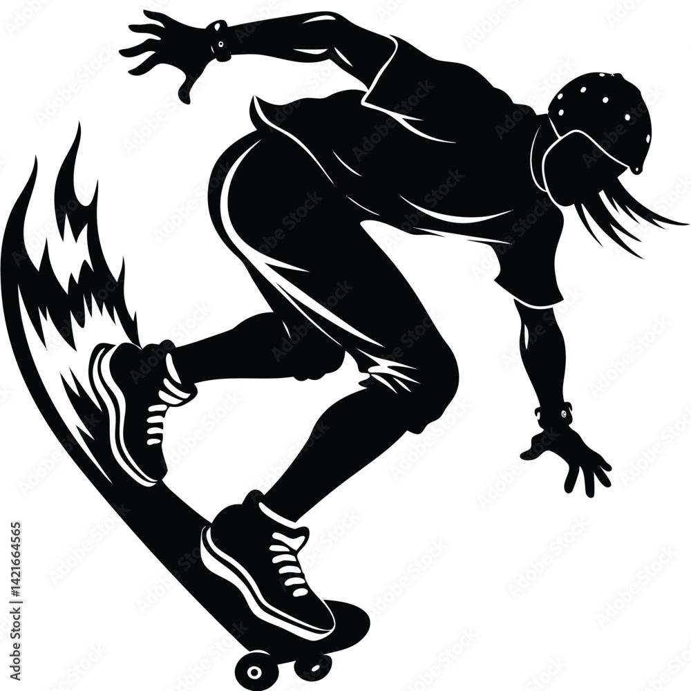 Fototapeta premium Silhouette Skateboarder Vector: Extreme Skateboarding, Action Sports Graphic, Black and White Illustration, Skater Dude, Urban Art
