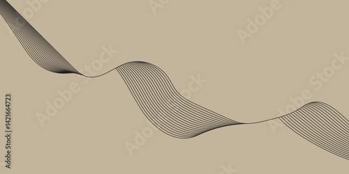 Create a vector illustration of a black abstract wave pattern on a brown background. The wave should have a smooth, flowing form with overlapping transparent lines and gradient mesh effects, creating 
