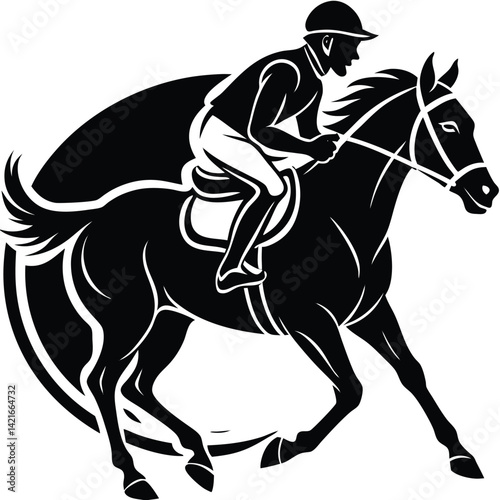 Black and White Horse Racing Vector Illustration: Jockey Riding Horse, Equestrian Sport Graphic, Silhouette Design