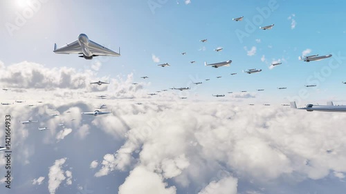 A swarm of fixed-wing unmanned combat aerial vehicles (UCAVs) flying at high altitude toward their designated targets.