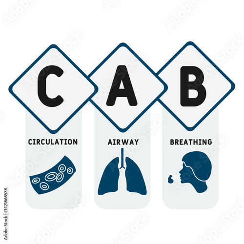 CAB - Circulation, Airway, Breathing acronym. medical concept background. vector illustration concept with keywords and icons. lettering illustration with icons for web banner, flyer, landing page	
