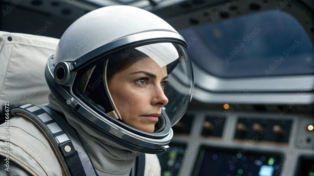 Woman astronaut in a helmet looking to the side in a spacecraft. Represents space exploration and focus Woman astronaut in a helmet looking to the side in a spacecraft. Represents space exploration and focus