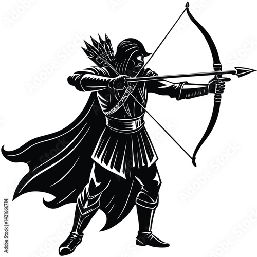 Archer Vector Illustration: Hooded Warrior with Bow and Arrow, Fantasy Character Art, Black and White Silhouette Graphic
