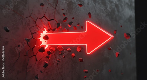 Glowing arrow breaking through wall on concrete background. Breakthrough and success concept. 3D Rendering