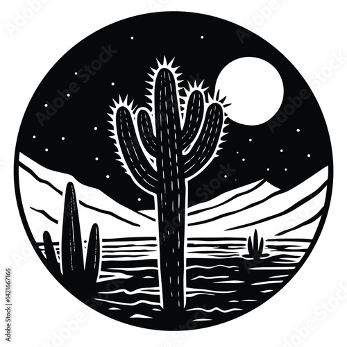 Black and White Desert Landscape Illustration: Cactus, Mountains, Moon, and Stars in a Circular Design, Southwestern Art Print