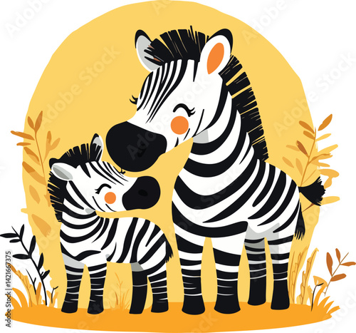 Mother Zebra with Baby on Savannah
