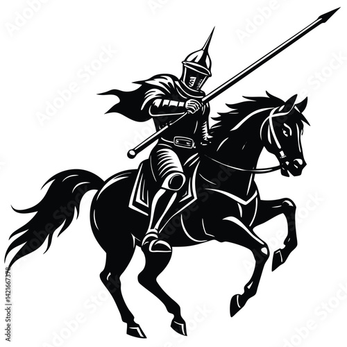 Knight on Horseback Vector Illustration: Medieval Warrior with Lance, Black and White Graphic, Jousting, Equestrian Art