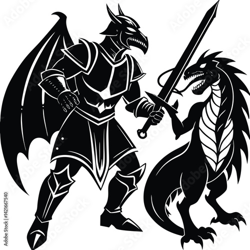 Dragon Knight vs Dragon Illustration: Black and White Fantasy Art of Armored Warrior Fighting Mythical Creature with Sword