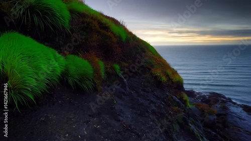 Vibrant Green Coastal Grass Blowing in Ocean Breeze Dramatic Cliffside Sunset View

